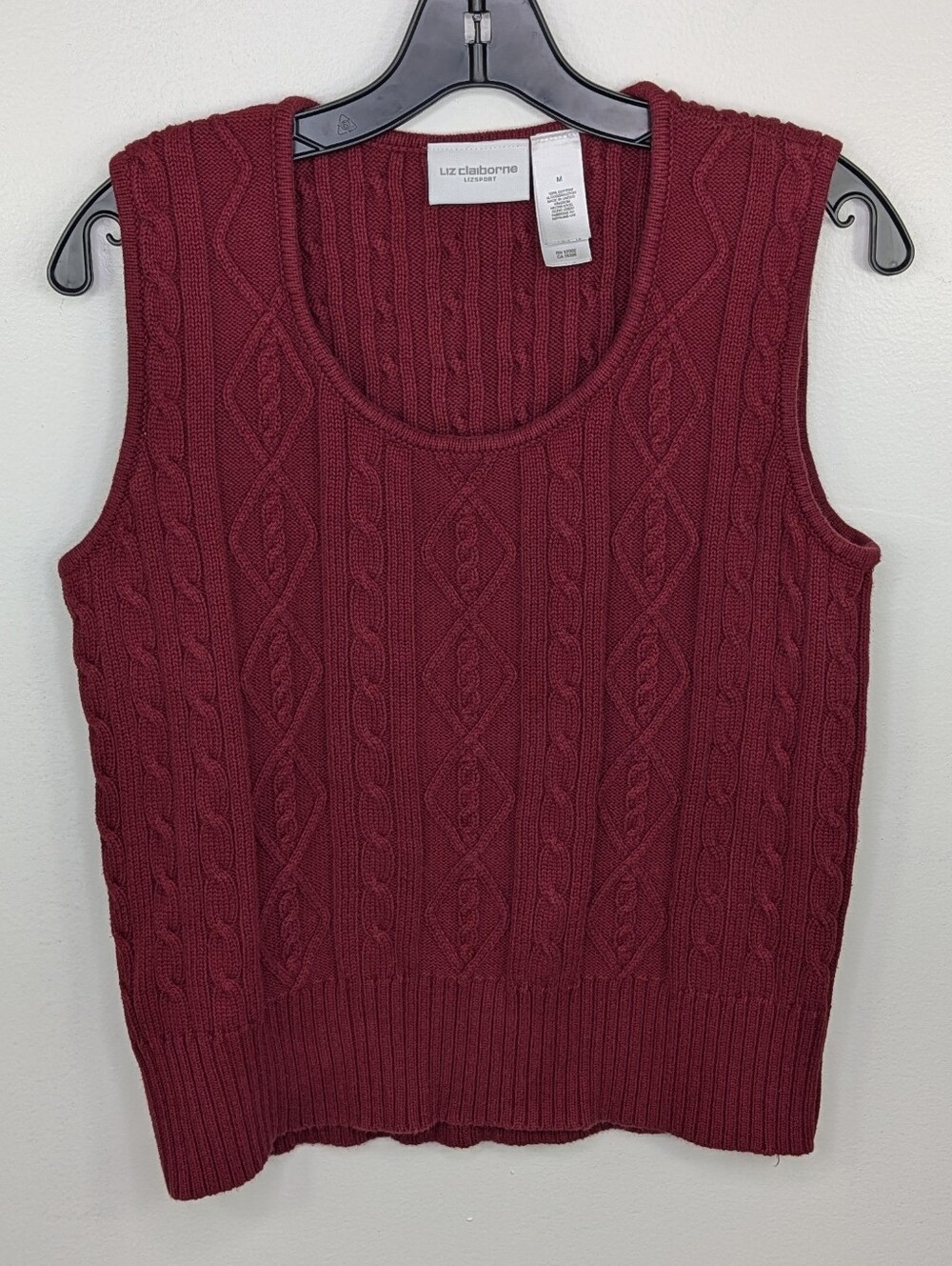 Liz Wear Cable Cable Knit Sweater Vest Womens Sz Medium Burgundy Cotton